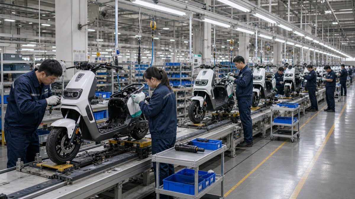 Electric motorcycle assembly line on a clean factory floor