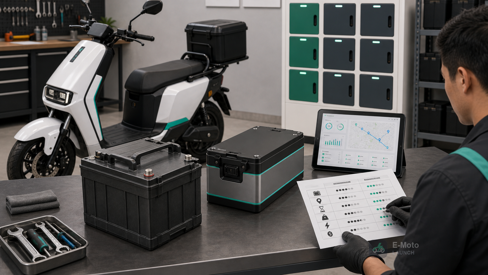 Workbench comparing lead-acid and lithium battery options for electric motorcycle fleet use