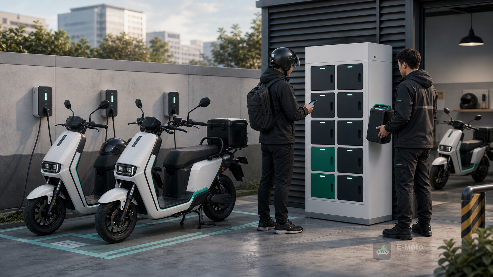 Electric motorcycle depot showing charging bays and a compact battery swap cabinet