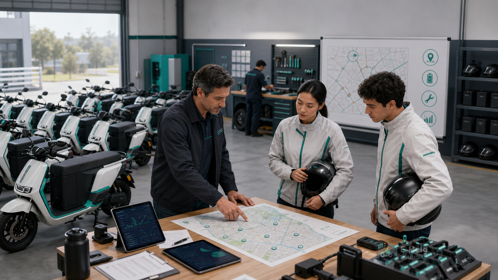Fleet manager planning a 50-bike electric motorcycle pilot with riders and service staff