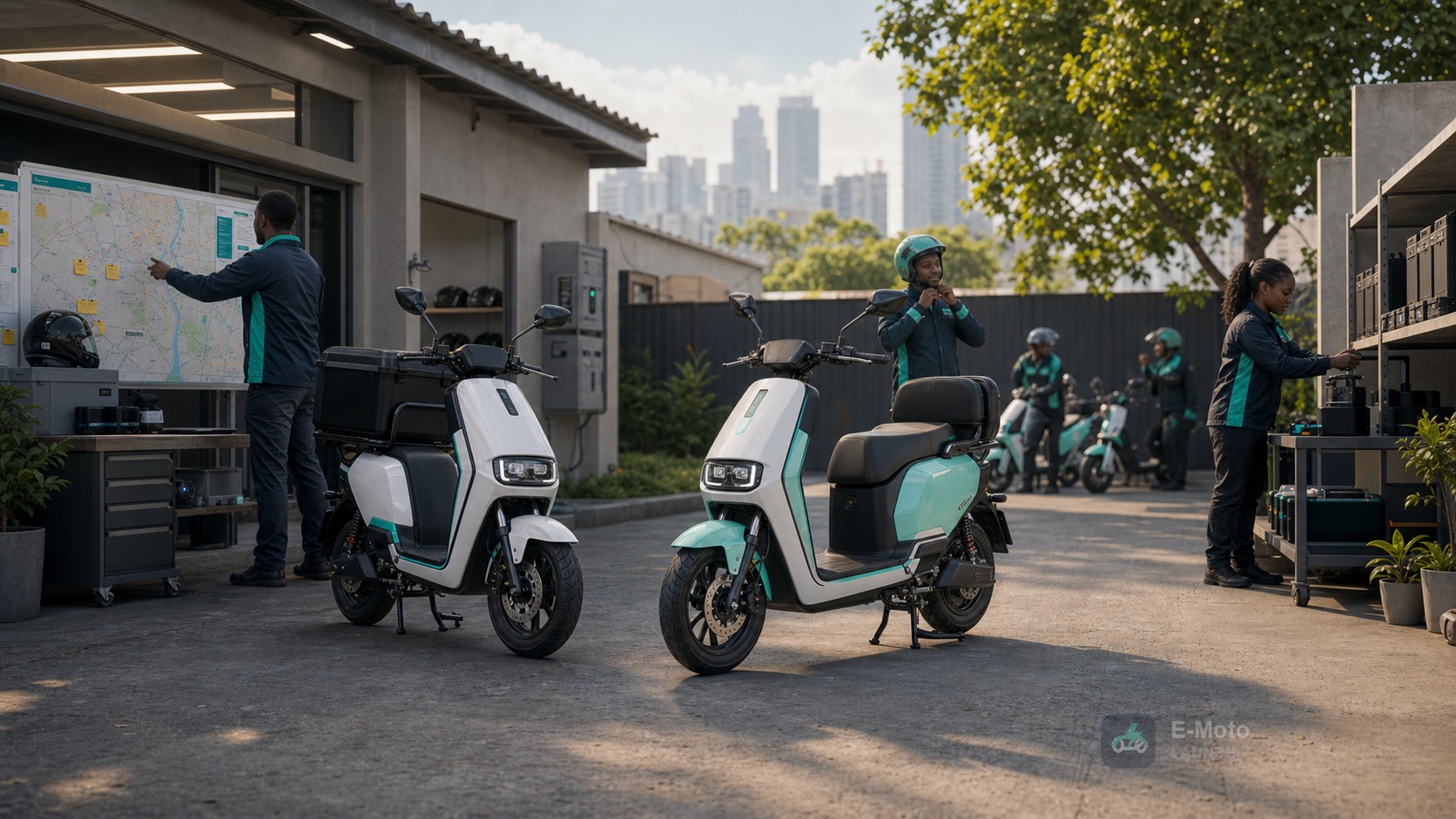 Delivery and moto-taxi riders preparing electric motorcycles at an operating depot