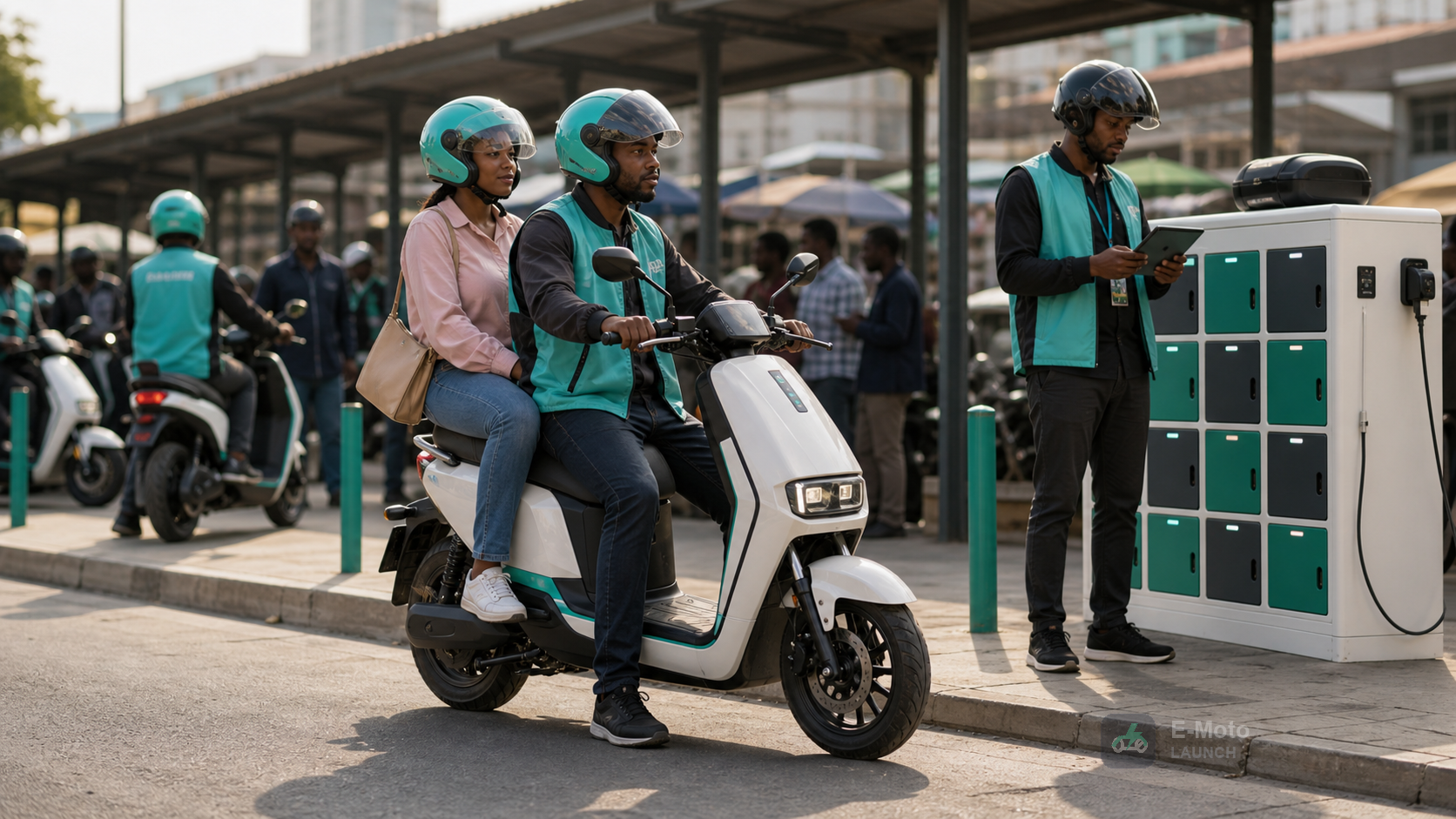 Moto-taxi rider and passenger using an electric motorcycle at a practical pickup area