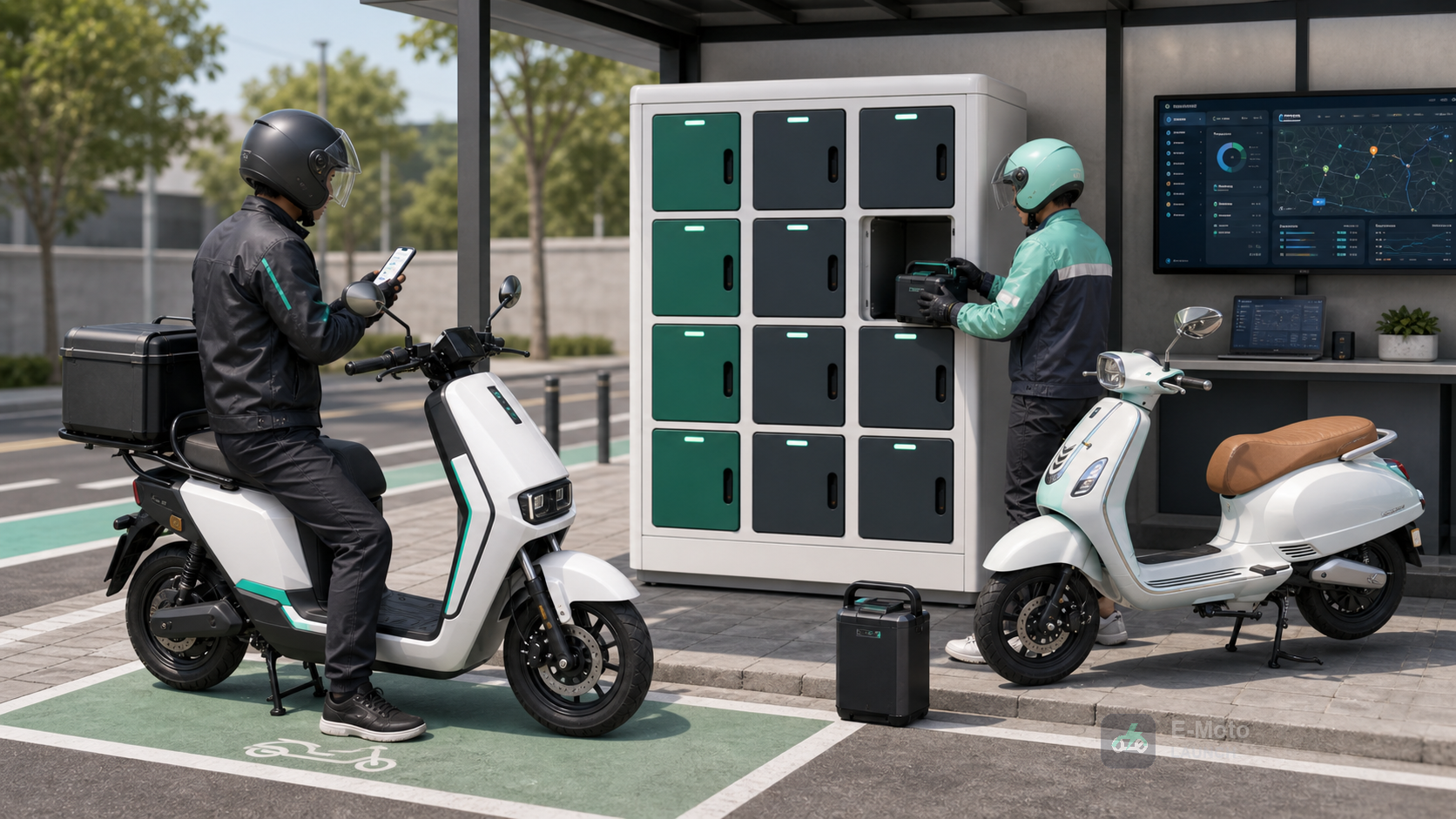 Delivery and moto-taxi riders using a compact battery swap cabinet near working routes