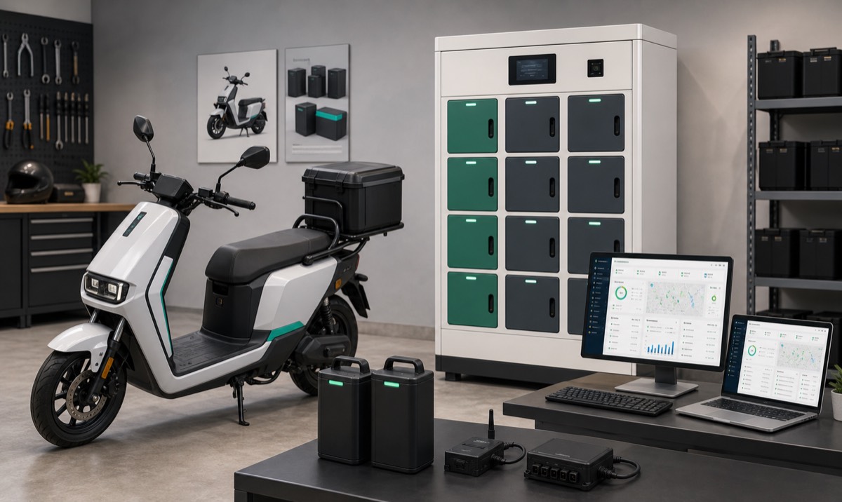 Electric motorcycle solution components including electric motorcycle, batteries, swapping cabinet, IoT hardware, and web dashboard