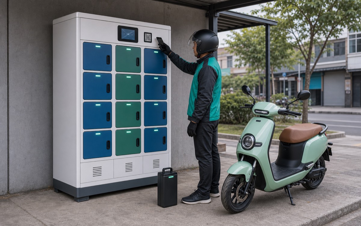 Battery swapping cabinet station with rider scanning by phone