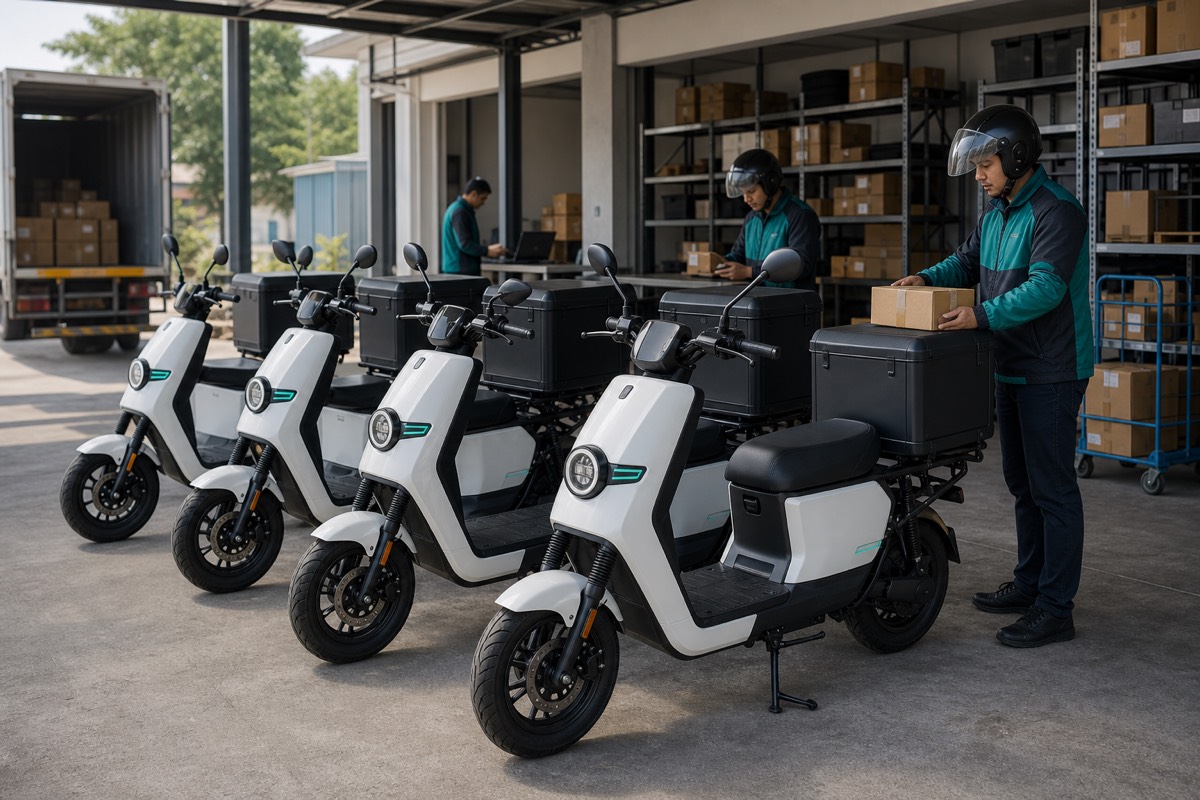 Delivery fleet depot with electric motorcycles and rear cargo boxes