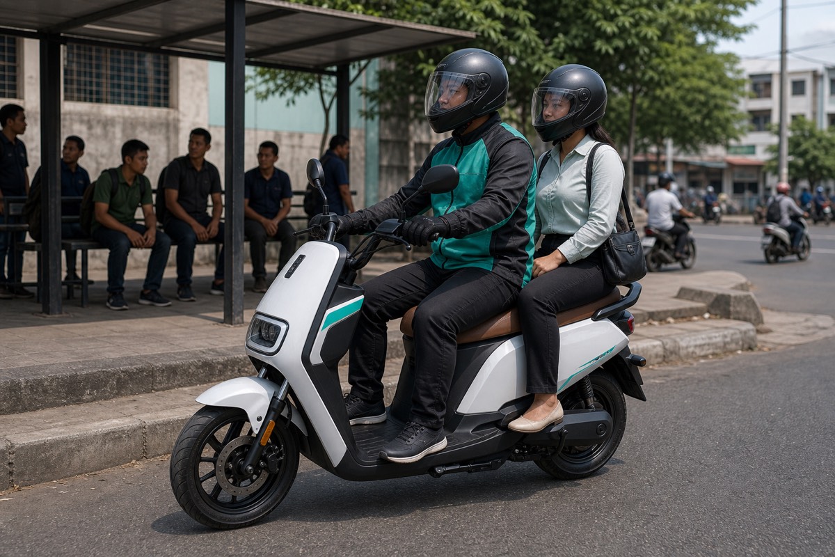 Moto-taxi rider and passenger on an electric motorcycle at a curbside pickup area