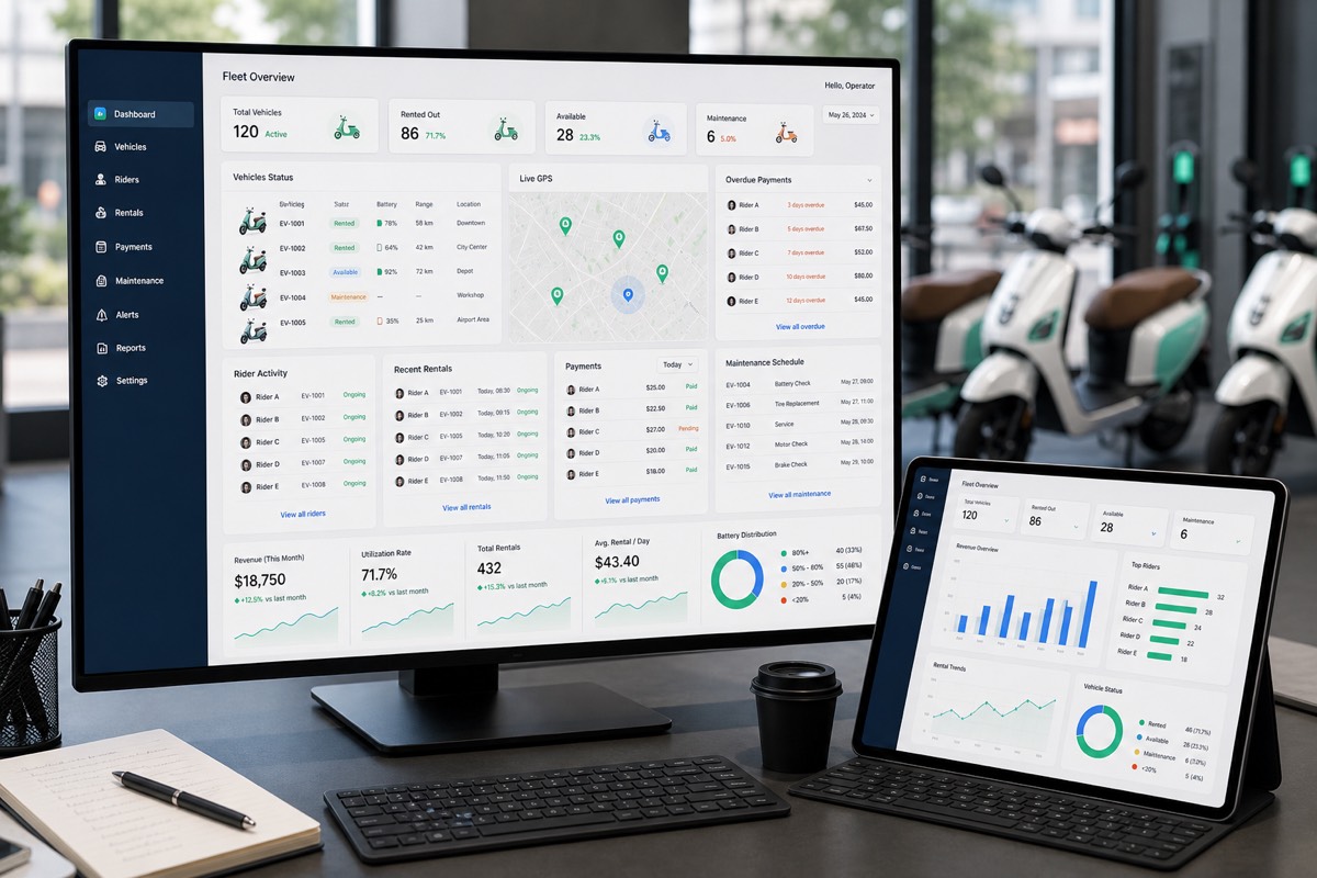 Rental fleet operator dashboard for electric motorcycle management