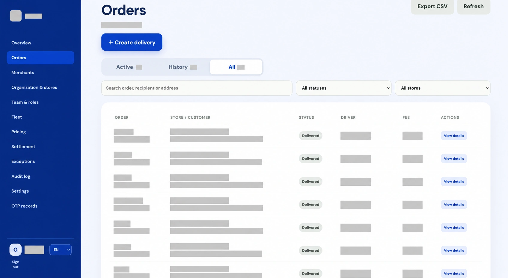 Indonesia delivery platform with order management and status controls; brands and identifying records are concealed